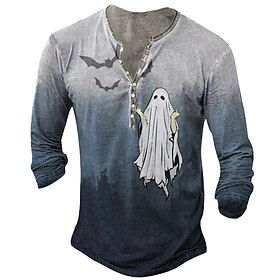 Halloween Men's Ghost T Shirt Henley Shirt Long Sleeve 3D Print Designer Retro Vintage Casual Daily Street Summer Spring Fall Blue Henley Henley T-Shirt