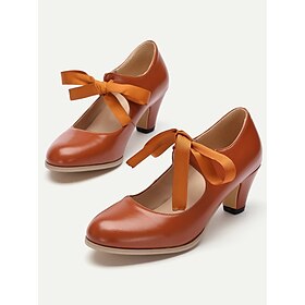 Women's Vintage Mary Jane Heels with Ribbon Bow - Retro-Inspired Block Heel Dress Shoes for Casual and Special Occasions