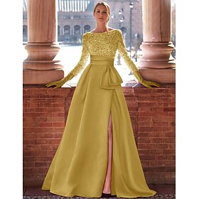 A-Line Evening Gown Elegant Dress Formal Floor Length Long Sleeve Jewel Neck Satin with Glitter Slit