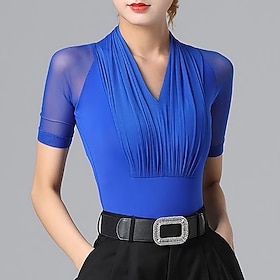 Ballroom Dance Activewear Leotard / Onesie Pure Color Splicing Tulle Women's Performance Training Short Sleeve High Nylon