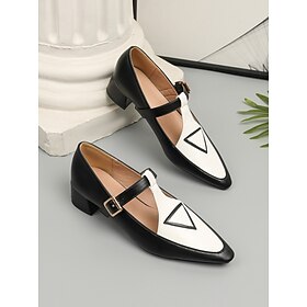 Women's Black and White Faux Leather Mary Jane Heels with Buckle Strap - Vintage-Inspired Block Heel Pumps for Office and Formal Wear