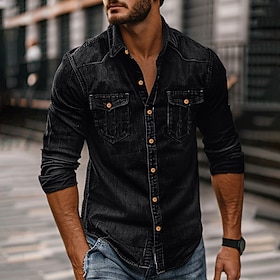 Men's Shirt Button Up Shirt Casual Shirt Denim Shirt Chambray Shirt Denim Blue Black Dark Navy Blue Long Sleeve Plain Collar Daily Vacation Clothing Apparel Fa