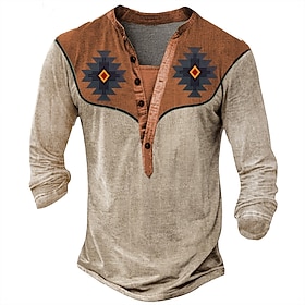Men's Aztec Cowboy T Shirt Henley Shirt Long Sleeve 3D Print Designer Retro Vintage Western Style Street Casual Daily Summer Spring Fall Black Brown Green Gray