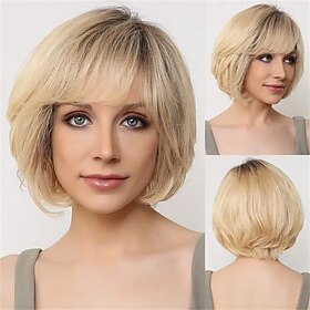 Human Hair Blend Wig Short Natural Straight Pixie Cut Side Part Layered Haircut Asymmetrical Brown Cosplay Curler  straightener Natural Hairline Capless Brazil