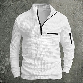 Men's Waffle Polo Shirts Pullover Sports Outdoor Daily Wear Quarter Zip Long Sleeve Fashion Comfortable Color Block Zip Up Pocket Spring Fall Regular Blue W