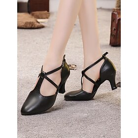 Black Faux Leather Dance Shoes with Cross Strap Design  Women's Comfortable Ballroom and Latin Dance Heels