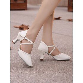 White Faux Leather Dance Shoes with Cross Strap and Buckle  Women's Ballroom and Latin Dance Heels