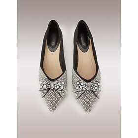 Women's Black Embellished Flats with Pearls and Rhinestones, Bow Detail, and Gold-Tipped Low Heel - Elegant Dress Shoes for Formal Occasions