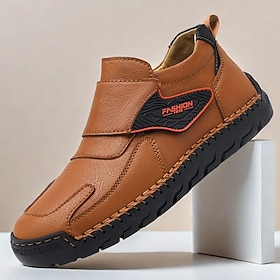 Men's Casual Faux Leather Slip-On Loafers with Handcrafted Stitching and Velcro Strap - Durable and Comfortable Shoes for Everyday Wear
