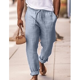 Men's Linen Pants Trousers Summer Pants Drawstring Elastic Waist Plain Comfort Soft Full Length Daily Going out Beach Fashion Simple Navy Blue Sky Blue Micro-e