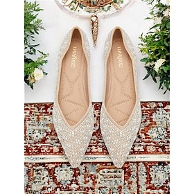 Women's Rhinestone Embellished Pointed Toe Flats - Elegant Slip-On Ballet Shoes for Weddings and Special Occasions