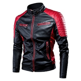 Men's Faux Leather Jacket Transition Jacket Biker Jacket Racing Leather Jacket Vacation Daily Windproof Warm Patchwork Fall Winter Color Block Fashion Classic