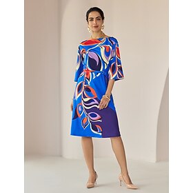 Loose Floral Printing Fall Crew Neck Daily Casual Knee Length Dress: retailer-supplied image