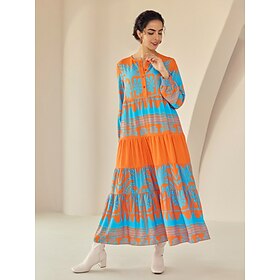 Plants Linear Button Up Crew Neck Ethnic Casual Maxi Dress