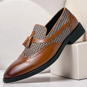 Men's Brown Faux Leather and Plaid Tassel Loafers  Vintage Brogue Slip-On Shoes for Formal and Casual Wear