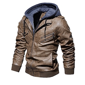 Men's Faux Leather Jacket Biker Jacket Red Leather Jacket Daily Vacation Windproof Warm Splice Fall Winter Plain Fashion Classic Hooded Regular Faux Leather B