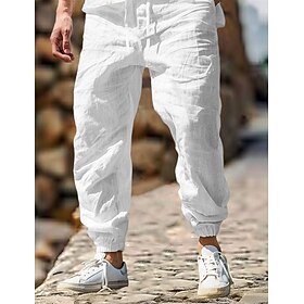 Men's Linen Pants Trousers Summer Pants Elastic Waist Straight Leg High Rise Solid Color Comfort Breathable Full Length Casual Daily Home Vacation Fashion Blue
