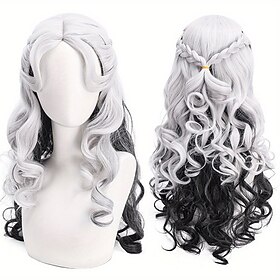 hittebestendige 26-inch lange krullende cosplay pruik met middelste deel anime thema krullend synthetisch haar rozennet muts halloween en festival feest kostuu