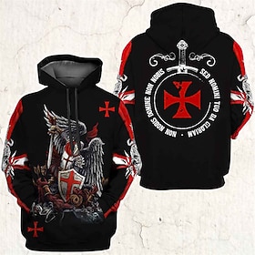 Men's Knights Templar Graphic Prints Cross Hoodie Hoodies Sweatshirt Streetwear Designer Casual Big and Tall Long Sleeve Hooded Daily Sports Black Print Spring
