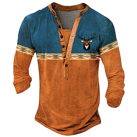 Men's Oktoberfest Deer Henley Shirt Long Sleeve 3D Printing Sports Fashion Daily Street Casual Daily Winter Spring   Fall Blue Brown Green Henley Henley T-Shir