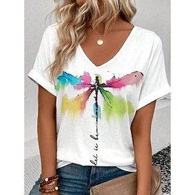 Women's T Shirt Casual Print Short Sleeve Regular Tops V Neck Daily White Summer Dragonfly And Letter Print