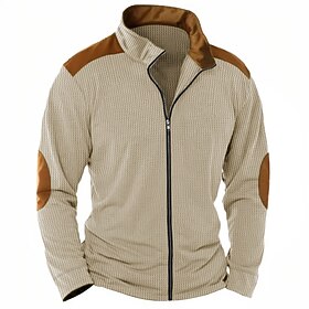 Men's T Shirt Jacket Waffle Knit Tee Tee Top Long Sleeve Standing Collar Spring Fall Color Block Fashion Designer Basic Zip Up Patchwork Vacation Street Goin