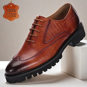 Men's Brown Leather Oxford Shoes with Crocodile Embossed Pattern - Rugged Sole and Classic Design for Formal and Casual Wear