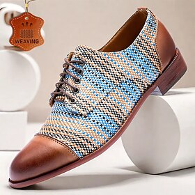 Men's Multicolor Woven Oxford Shoes  Leather Cap Toe Lace-Up Dress Shoes for Formal and Casual Wear