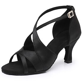 Women's Black Satin Cross-Strap Ballroom Dance Shoes with Open Toe, Perfect Heels for Latin and Salsa Dancing