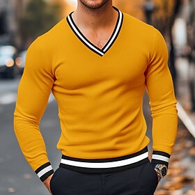 Men's T Shirt Knit Tee Long Sleeve V Neck Winter Spring   Fall Solid Color Knitwear V Neck Casual Daily Black White Yellow Top Tee for Men
