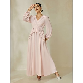 Damen Kleid der Brautjungfer Cocktailkleid Kleid für Hochzeitsgäste Rosa Langarm Einfarbig Rüsche Wickeln Fließend…: retailer-supplied image