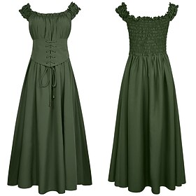 Retro Vintage Medieval Renaissance Maxi Dress Viking Celtic Knight Corset Fancy Dress Women's Celtic Viking Halloween Carnival Performance Party LARP Adults Dr