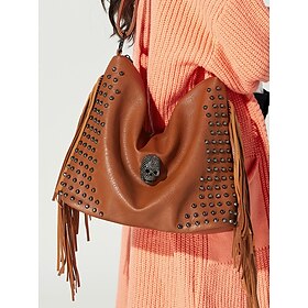 Women's Brown Fringe Skull Studded Hobo Bag - Boho Leather Shoulder Bag with Tassels for Casual, Halloween and Festival Style