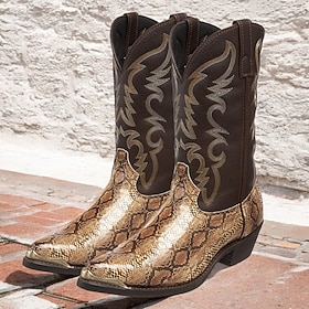 Men's Snakeskin Cowboy Boots – Brown Gold Western Boots with Embroidered Shaft, Pointed Toe, Pull-On Design Cowboy Heel for Rodeo, Country Concerts Western