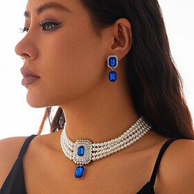 Bridal Jewelry Sets Two-piece Suit Imitation Pearl Zircon 1 Necklace Earrings Women's Elegant Vintage Sweet Lovely Layered Love Precious Rectangle Jewelry Set