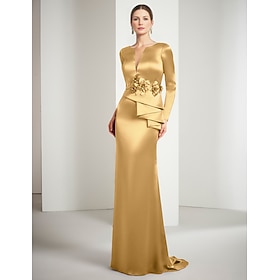 Sheath Column Floor Length Prom Dresses Evening Gown Ball Gown Formal Dress Elegant Vintage Silky Long Sleeve Jewel Neck Christmas Formal Satin with Appliques