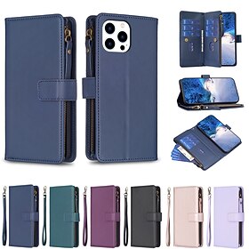 Phone Case For iPhone 16 15 14 Pro Max Plus 13 12 11 Pro Max Wallet Case with Stand Holder Zipper with Wrist Strap Retro TPU PU Leather