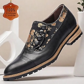 Men's Black Leather Oxford Shoes with Jacquard Fabric and Button Detailing  Elegant Formal Footwear for Business and Special Occasions