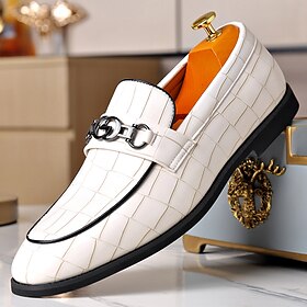 Men's White Quilted Faux Leather Loafers with Silver Double Gancio Buckle - Luxury Slip-On Dress Shoes for Formal Events  Business Meetings