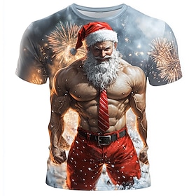 Christmas Men's Santa Claus 3D T-shirts Santa Claus Muscle Casual Street Style 3D Print Tee Sports Outdoor Holiday Gray Short Sleeve Crew Neck Spring Summer C