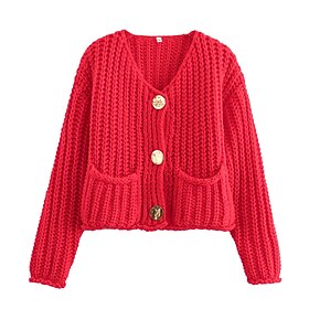 Women's Red Cardigan Crew Neck Chunky Knit Knitted Fall Winter Work Going out Fashion Streetwear Daily Long Sleeve Solid Color White Red