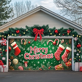 Christmas Outdoor Garage Door Cover Merry Christmas Stockings Xmas Banner Large Christmas Backdrop Decoration for Holiday Outdoor Garage Door Home Wall Decorat