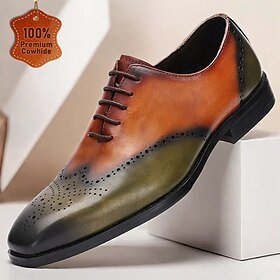 Men's Premium Cowhide Leather Oxford Shoes  Two-Tone Brogue Lace-Up Dress Shoes for Formal and Casual Wear