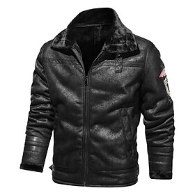Men's Faux Leather Jacket Winter Jacket Fleece Jacket Vintage Leather Jacket Daily Vacation Thermal Warm Pocket Fleece Fall  Winter Plain Fashion Streetwear La