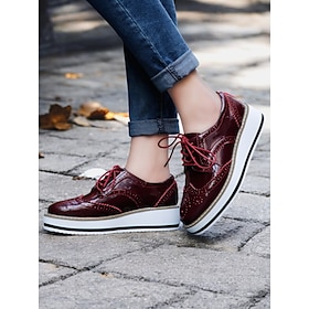 Women's Burgundy Patent Leather Oxford Platform Shoes  Brogue Detailing with Lace-Up Design and Elevated Sole for Casual and Formal Wear