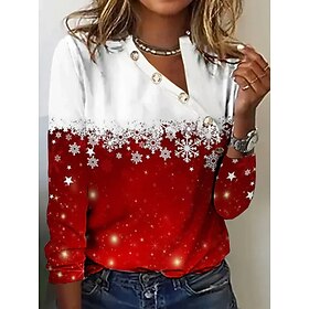 Women's T Shirt Henley Pullover Ombre Snowflake Henley Pullover Red White Long Sleeve Casual Comfort Fit Autumn Winter Holiday Top