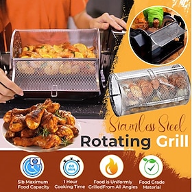 Stainless Steel Rotating Grill, 360-Degree Rotisserie for Even Cooking, Multifunctional Oven and Air Fryer Compatible, Easy to Clean BBQ and Party Essential