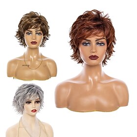 Brown Short Wigs for White Women, Brown Wig with Bangs Short Curly Pixie Cut Wigs Charming Synthetic Layered Wavy Wigs For Old Lady