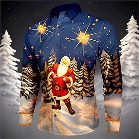Men's Santa Claus Christmas Tree Shirt Long Sleeve Casual Christmas Daily Wear Going out Fall  Winter Turndown Print Button-Down GrayPurple Yellow Red Dark Nav