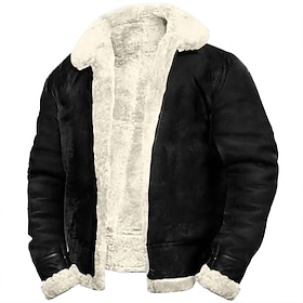 Men's Faux Leather Jacket Fleece Jacket Sherpa Jacket Biker Jacket Vacation Daily Windproof Warm Pocket Fleece Fall Winter Plain Fashion Classic Lapel Regular